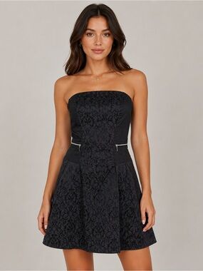 Ardene Black Strapless Damask Fit & Flare Dress Size M